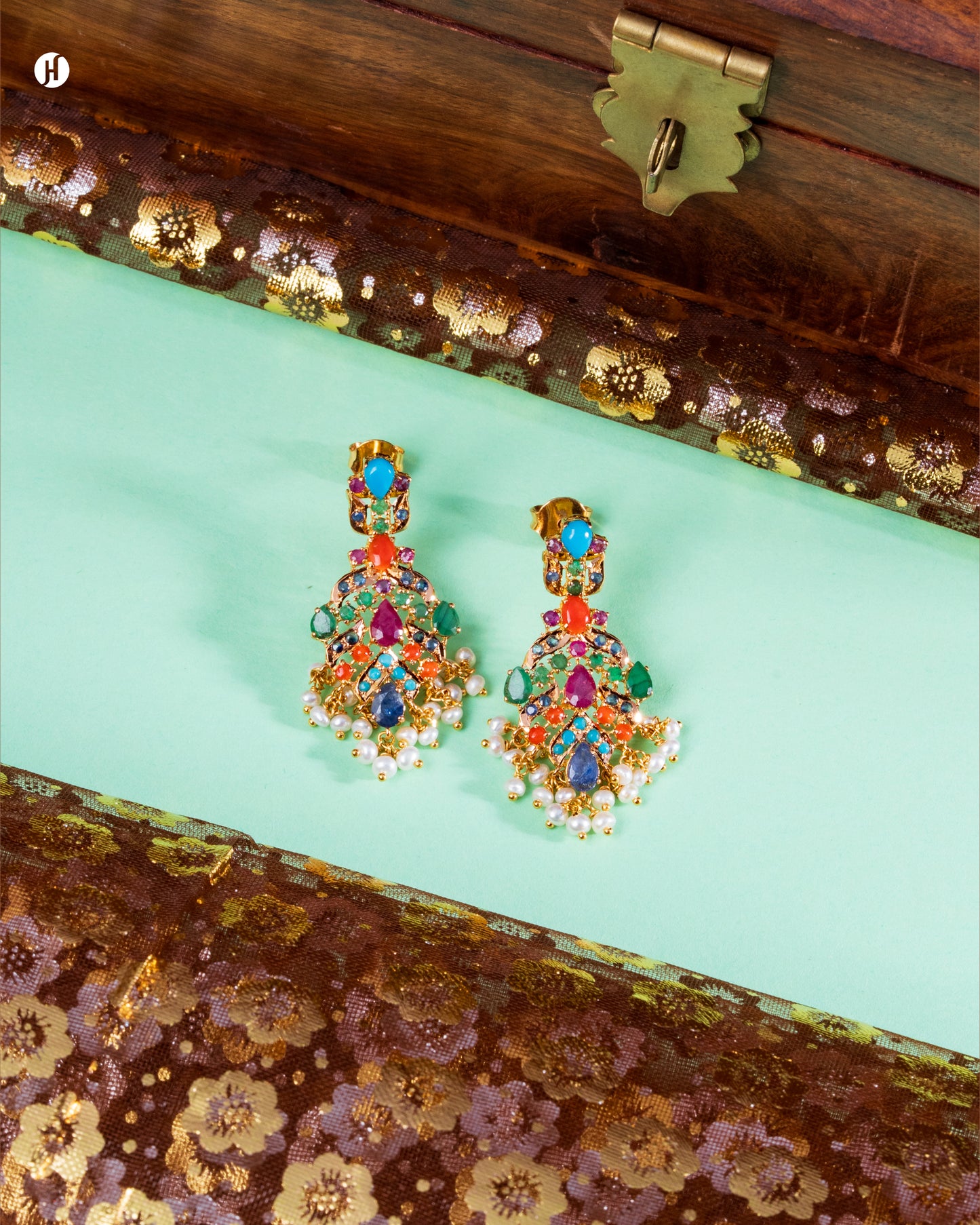 21Karat Yellow Gold Pakistani Floral Multi-Gemstone earrings for Arab women | Online jewellery store in UAE