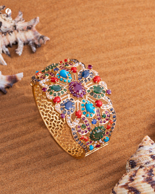 21Karat Yellow Gold Pakistani Flower Multi-Gemstone Cuff Bangle | Handmade Gold bangle in UAE