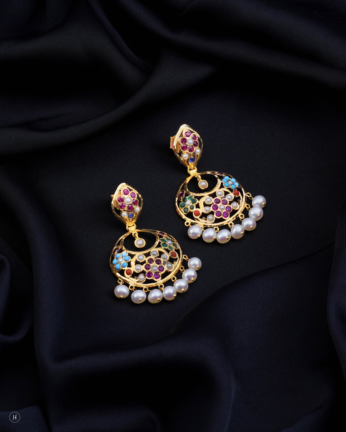 21Karat Yellow Gold Pakistani Multi-Color Floral Motif Pearl Earrings | Online Jewellery Store In UAE for Khaleeji Women