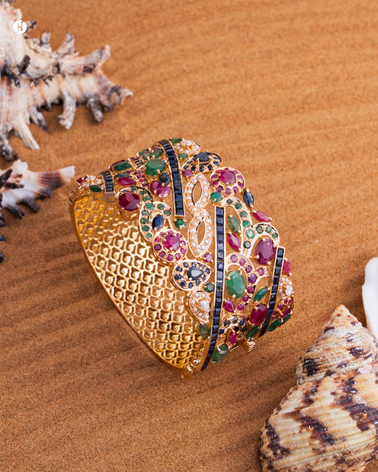 21Karat Yellow Gold Pakistani Multi-Gemstone Bridal Bangle with pearls, ruby, blue sapphire and Emerald