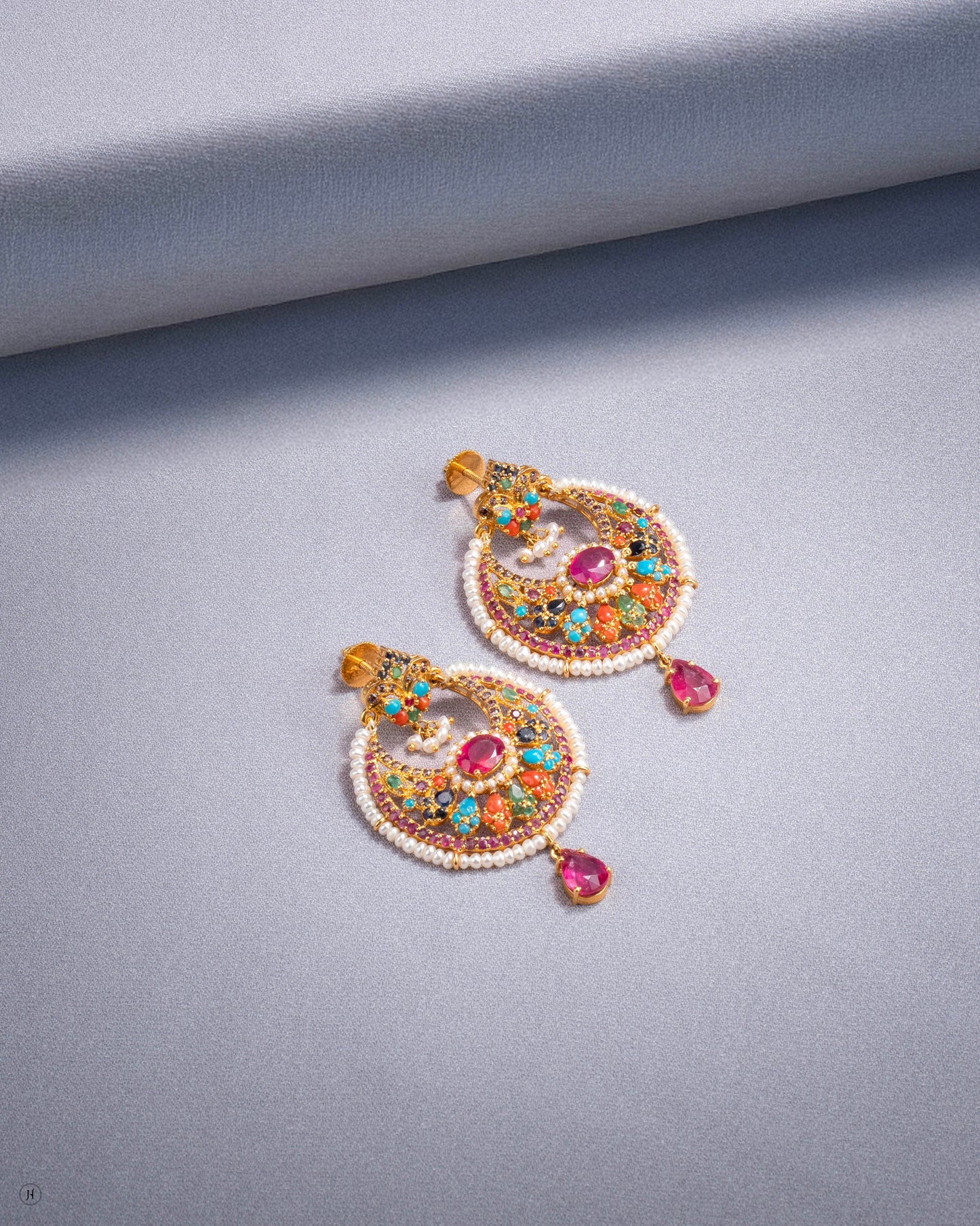 21Karat Yellow Gold Pakistani Multi-Gemstone Crescent Pendant Earrings for ladies in Dubai, UAE