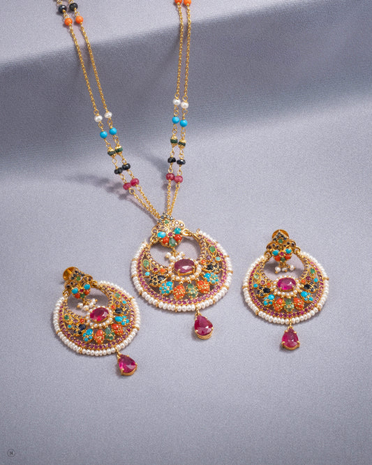 21Karat Yellow Gold Pakistani Multi-Gemstone Crescent Pendant Necklace Set for ladies in Dubai, UAE