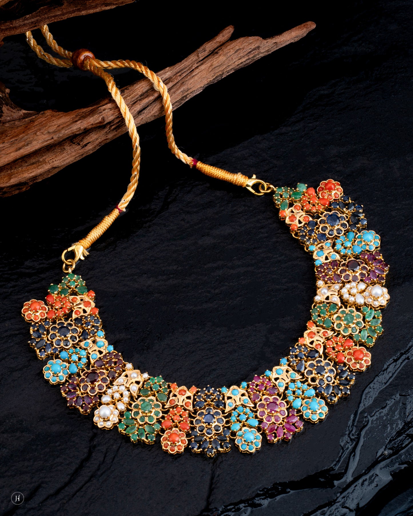 21Karat Yellow Gold Pakistani Multi-Gemstone Floral Bridal Necklace