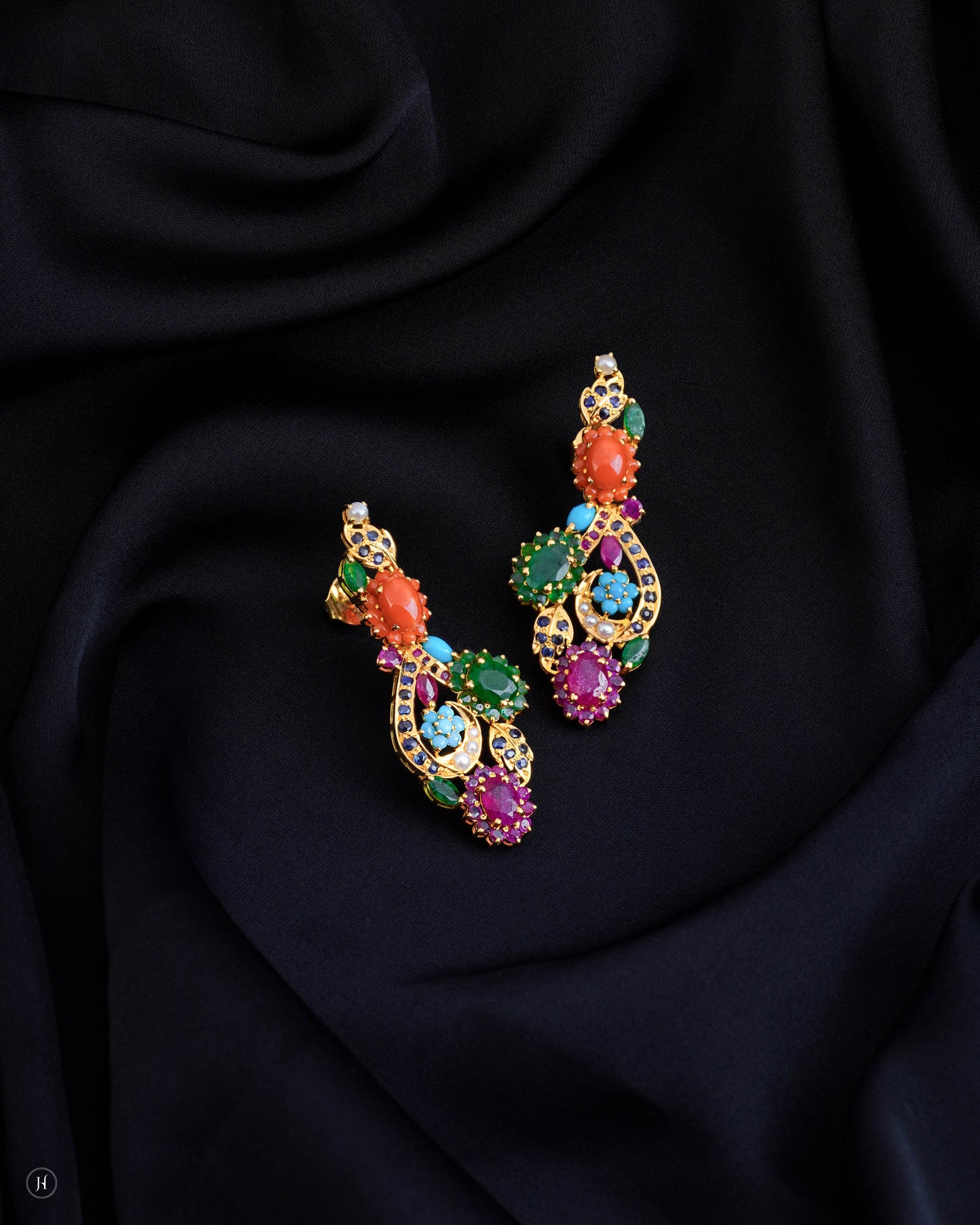 21Karat Yellow Gold Pakistani Multi-Gemstone Floral Motif Earrings | Online Gold Jewellery Store In UAE- J.H Jewellers