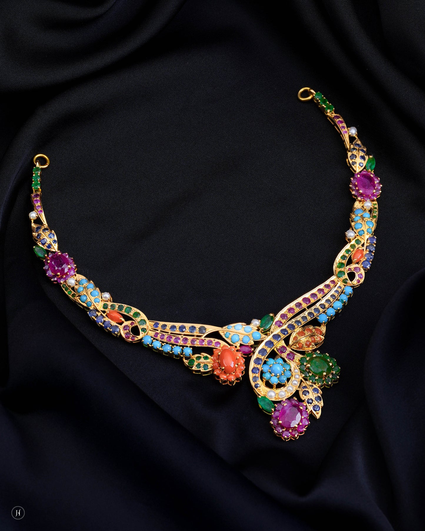 21Karat Yellow Gold Pakistani Multi-Gemstone Floral Motif Necklace | Online Gold Jewellery Store In UAE- J.H Jewellers