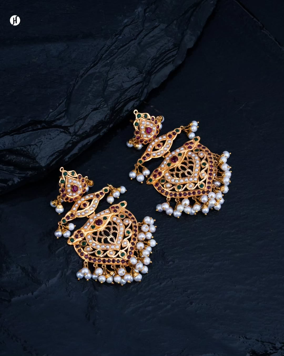 21Karat Yellow Gold Pakistani Multi-Strand Pearl Traditional Earrings.