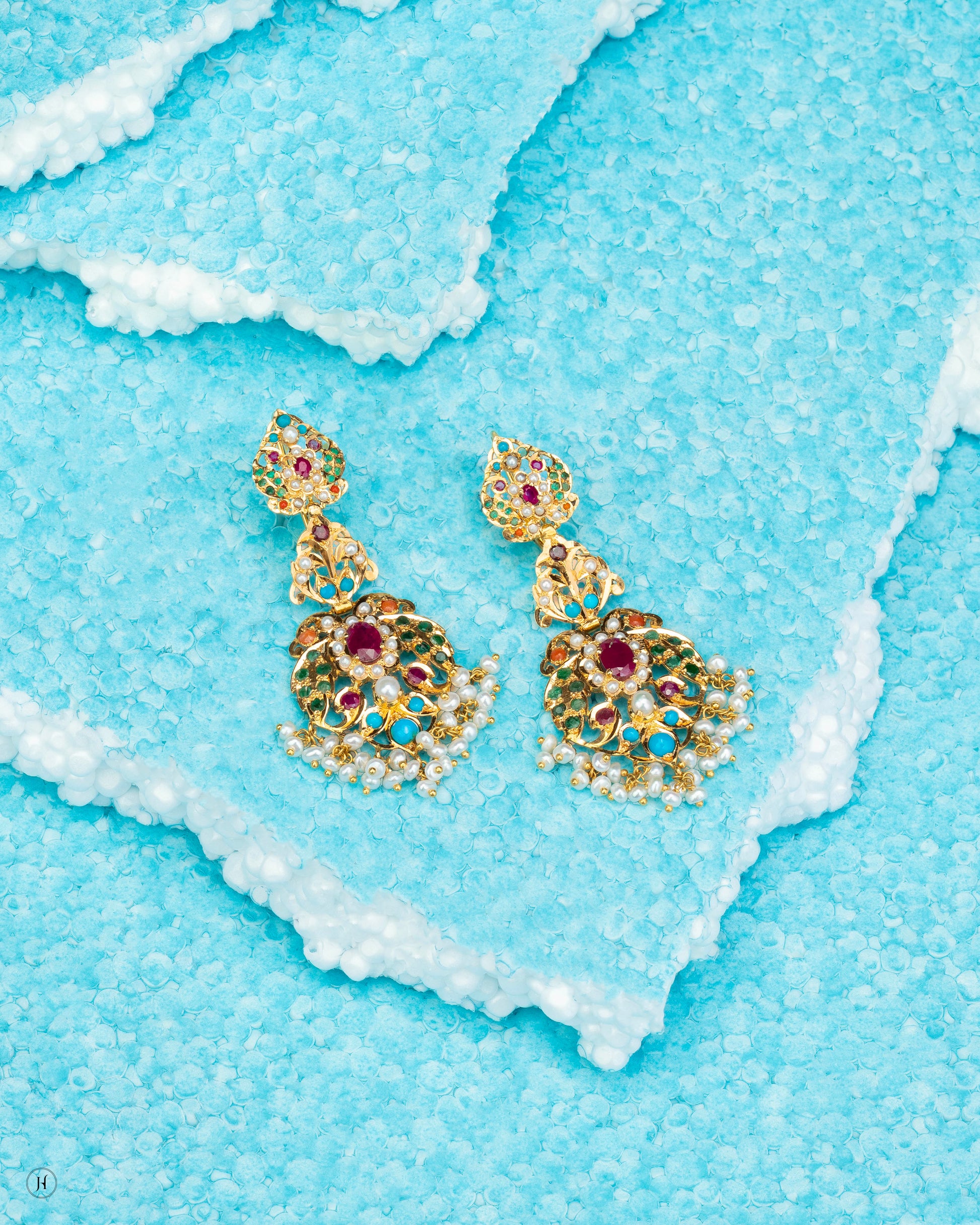 21Karat Yellow Gold Pakistani Multicolor Peacock-Style Earrings with Pearls | Bridal Jewellery For Women In Dubai