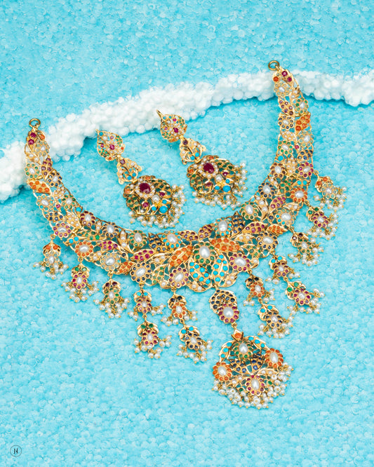 21Karat Yellow Gold Pakistani Multicolor Peacock-Style Necklace Set with Pearls | Bridal Jewellery For Women In Dubai