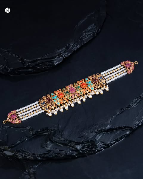 21Karat Yellow Gold Pakistani Multistone Blossom Choker with Pearls | Bridal Jewellery for Women - J.H Jewellers.