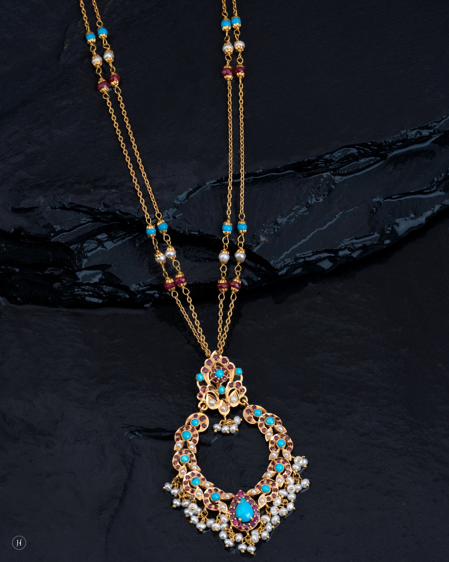21Karat Yellow Gold Pakistani Pear-Floral Bridal Necklace with Turquoise for Ladies.