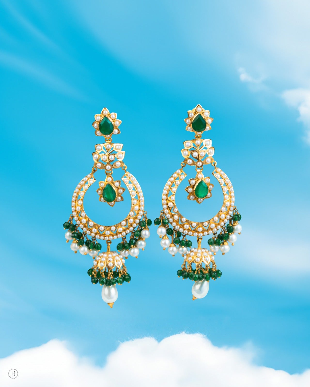21Karat Yellow Gold Pakistani Pearl Emerald Long Earrings | Online Jewellery Store in Dubai
