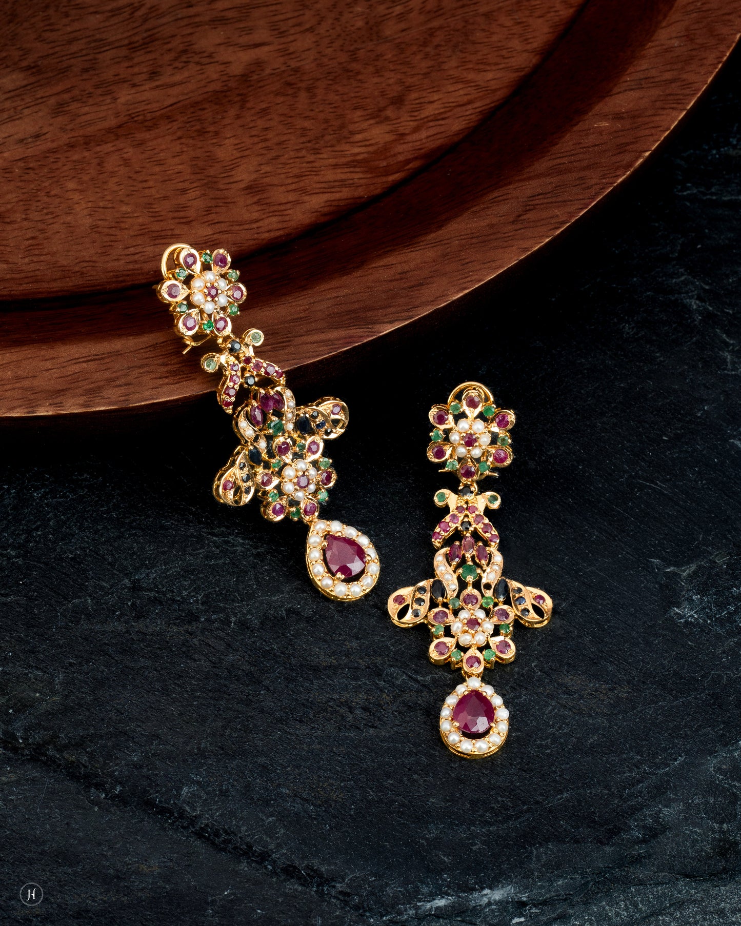 21Karat Yellow Gold Bridal Pakistani Ruby Blossom Earrings | Bridal Jewellery - J.H Jewellers in UAE