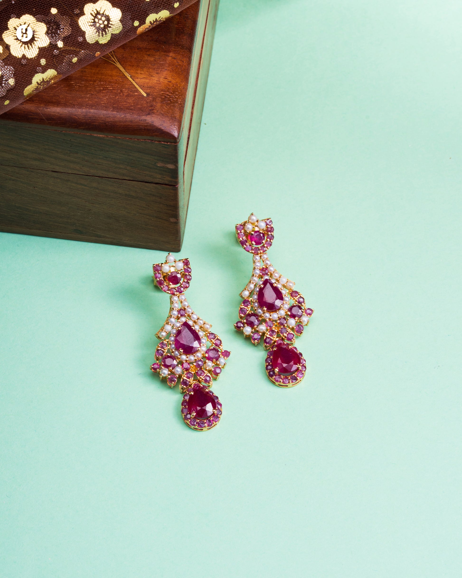 21Karat Yellow Gold Pakistani Ruby Earrings with Pearls for Emirati women in UAE