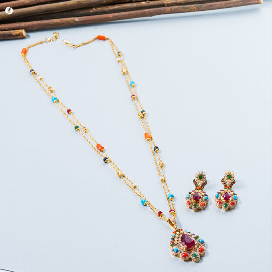 21Karat Yellow Gold Pakistani Ruby Oval Necklace Set with Pearls for women | online jewellery store in UAE