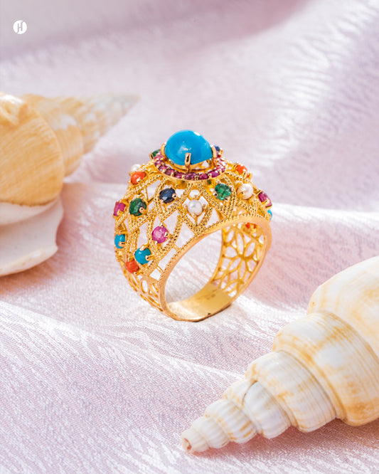 21Karat Yellow Gold Pakistani Turquoise & Ruby Ring for Arab ladies in UAE | online jewellery store