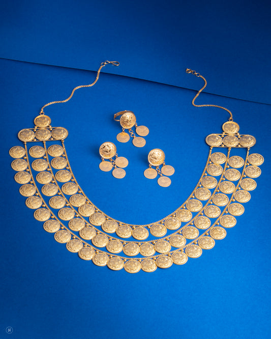 21Karat Yellow Gold Tri-Layer Lira Majestic Coin Necklace Set for Ladies | Online jewellery store in Ras Al-Khaimah | gold set price