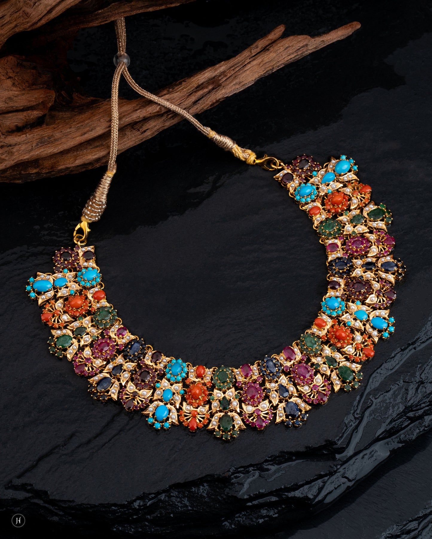 21K Yellow Gold Pakistani Three-Layer floral Gemstone Necklace Set