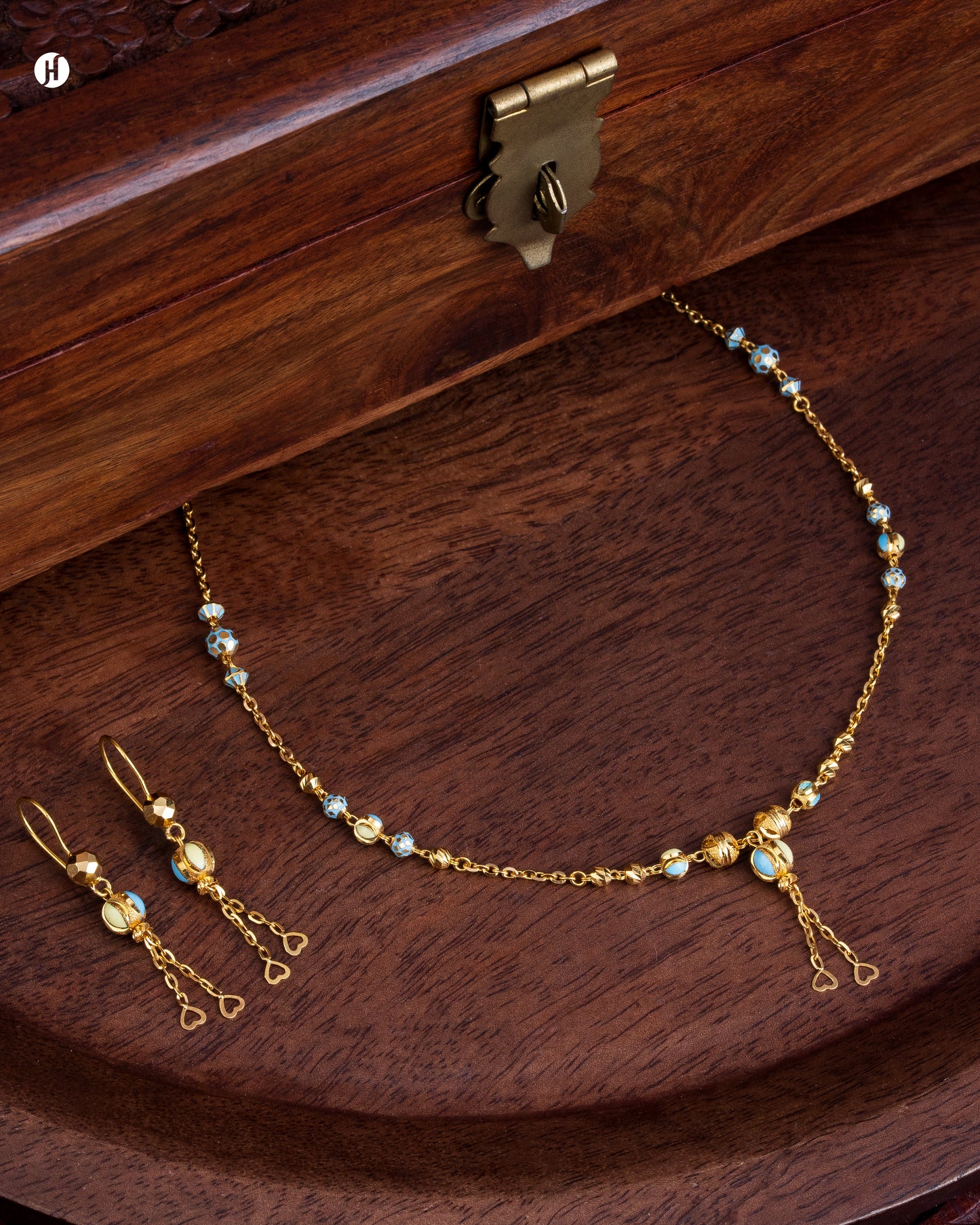 21Karat Yellow Gold Bahraini Bead Drop Necklace Set