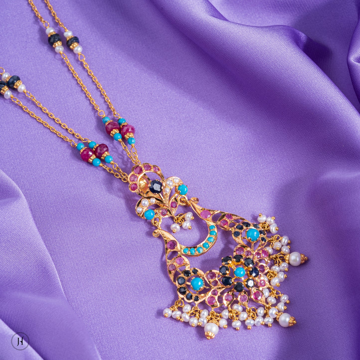 21K Yellow Gold Pakistani Floral Multi-Gemstone Necklace Set for women | Online Arabic jewellery store in UAE