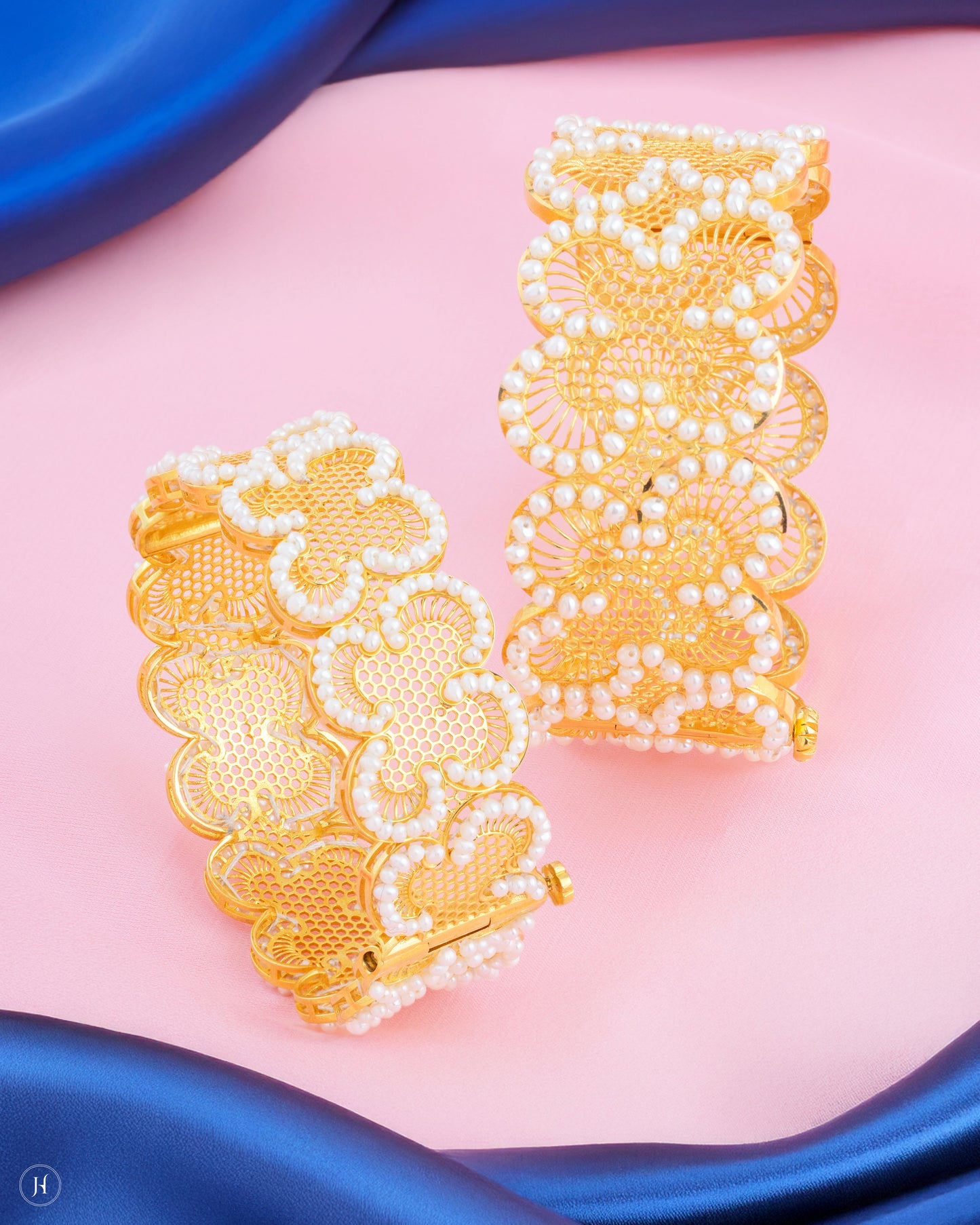 21k Yellow Gold Bahraini Floral Wide Cuff Pearl Bangle for khaleeji women