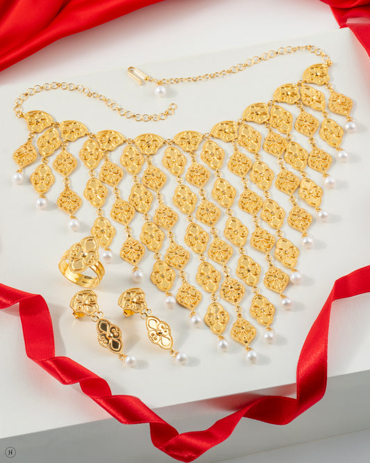 21K Yellow Gold Bahraini Luxurious Long Choker Necklace Set with Pearl Drops
