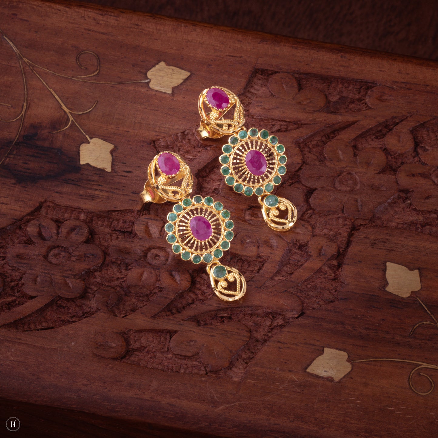 22K 916 Yellow Gold Hyderabadi Floral Gemstone bridal earrings for ladies