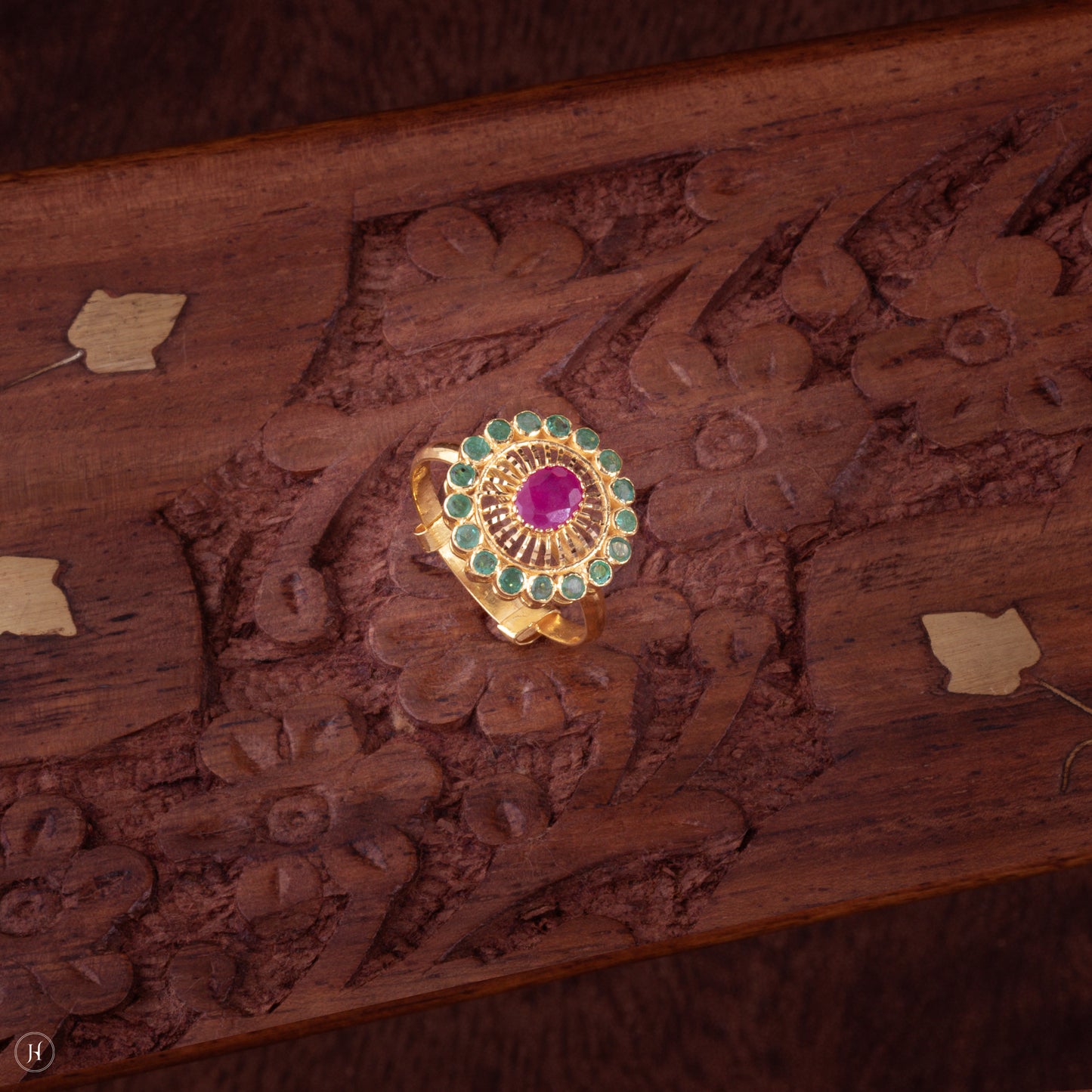 22K 916 Yellow Gold Hyderabadi Floral Gemstone bridal rings for ladies