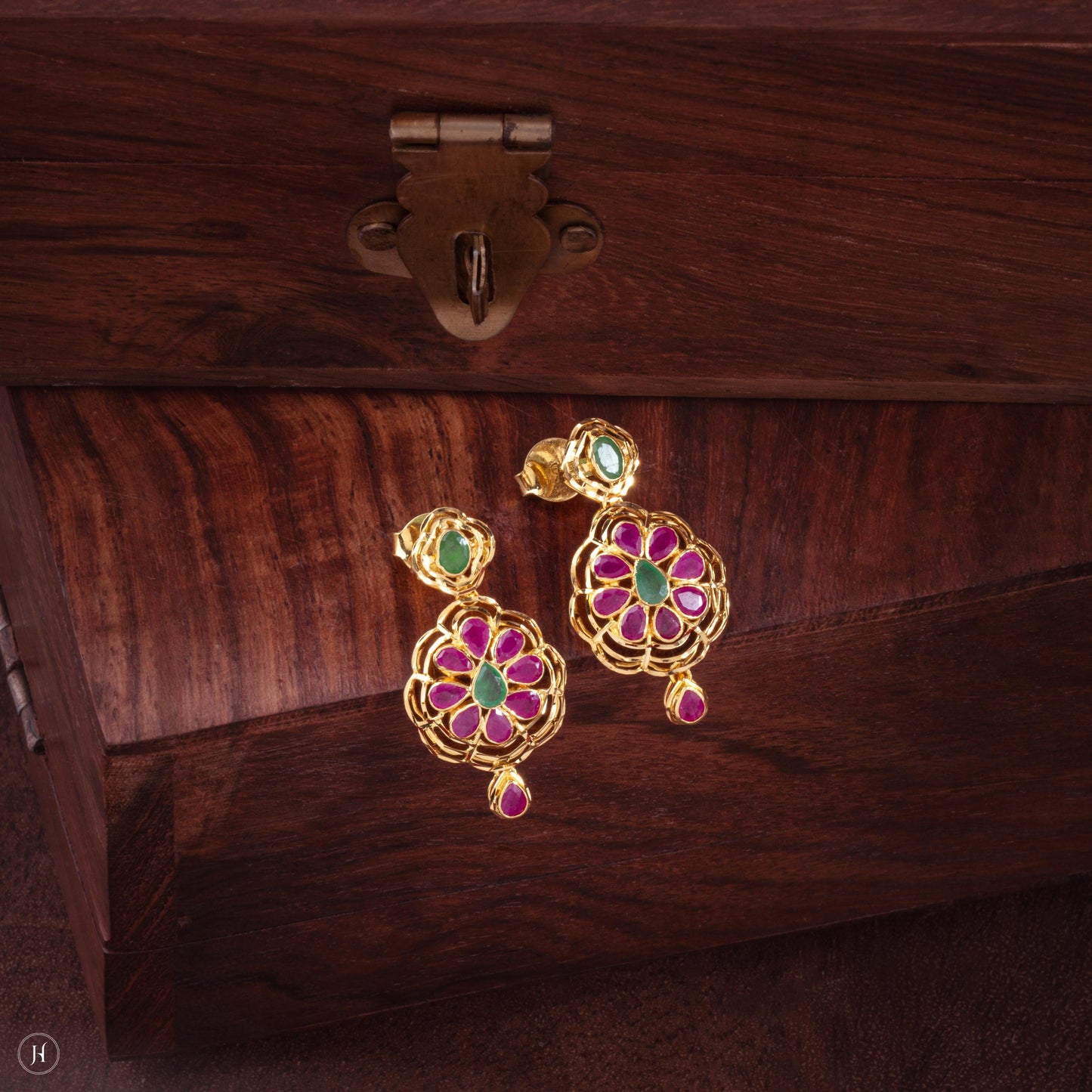 22K 916 Yellow Gold Hyderabadi Floral Pear-drop Gemstone earrings for ladies