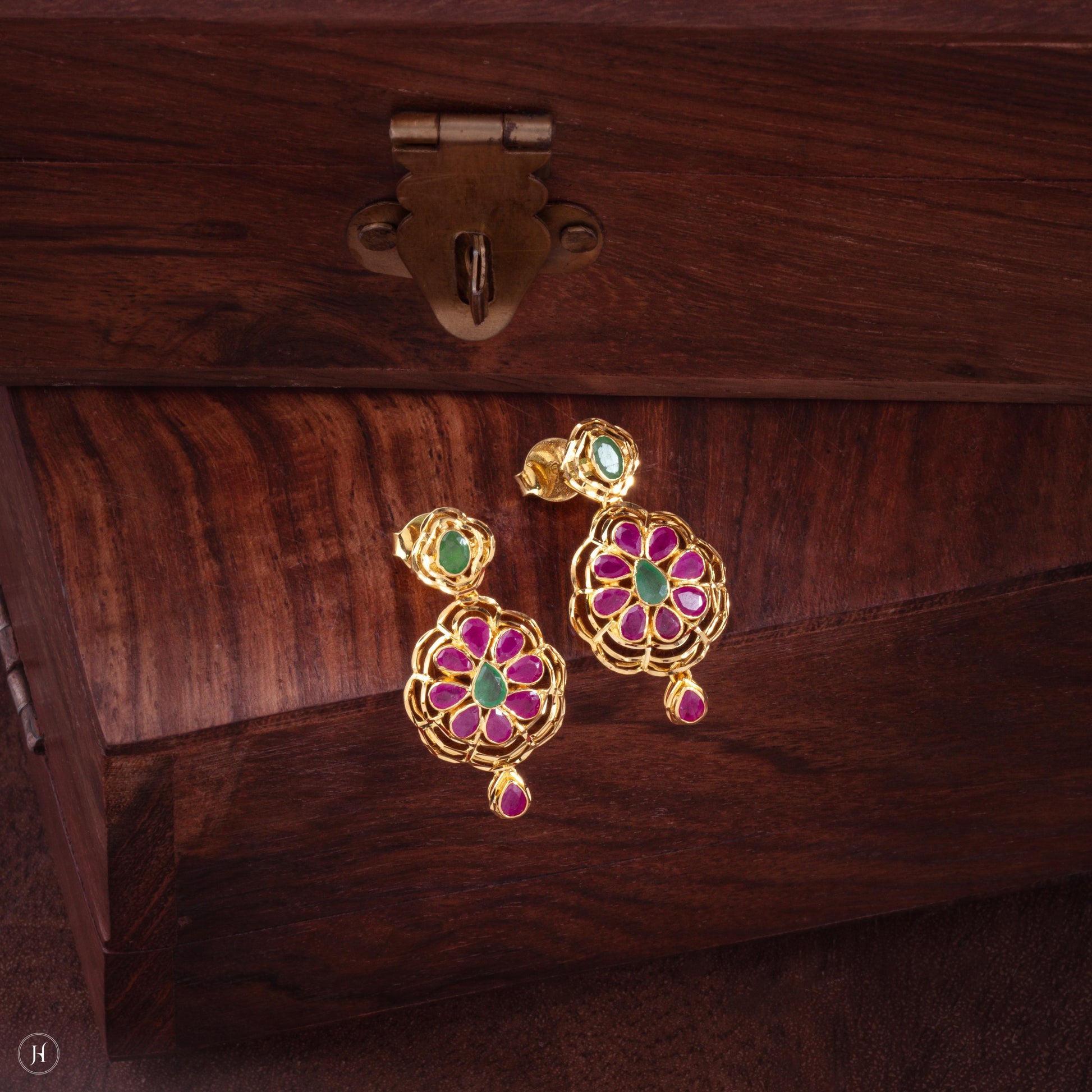 22K 916 Yellow Gold Hyderabadi Floral Pear-drop Gemstone earrings for ladies