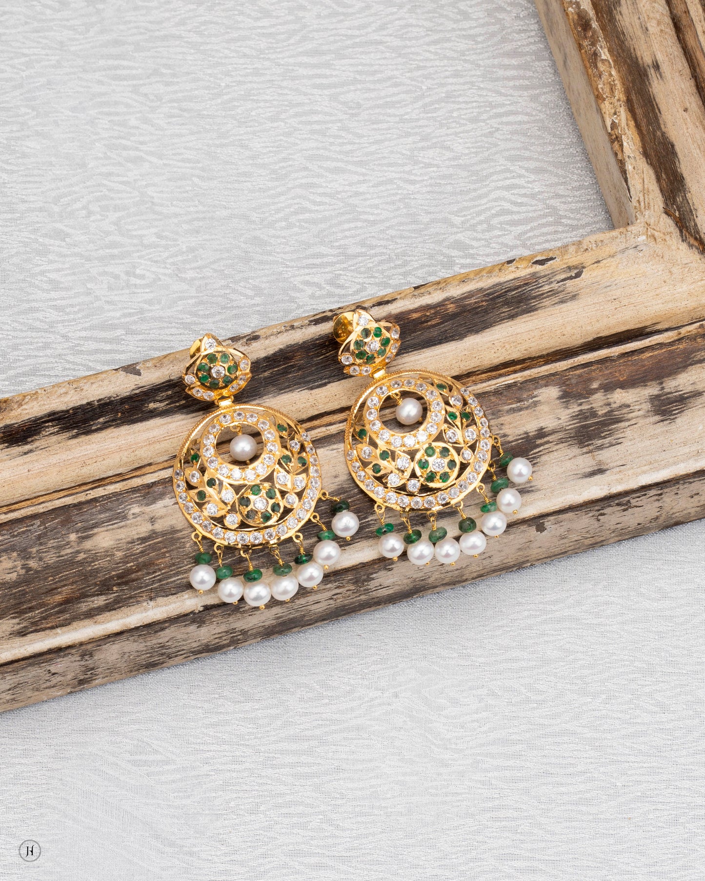22K Yellow Gold Pakistani Emerald Pearl Cascade Earrings Set