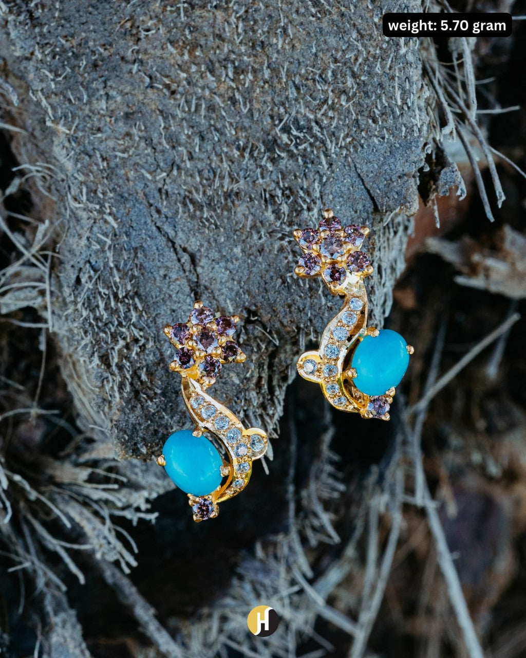 22Karat Yellow Gold Pakistani Flower Amethyst Stud Earrings With Turquoise and Zircon Gemstones