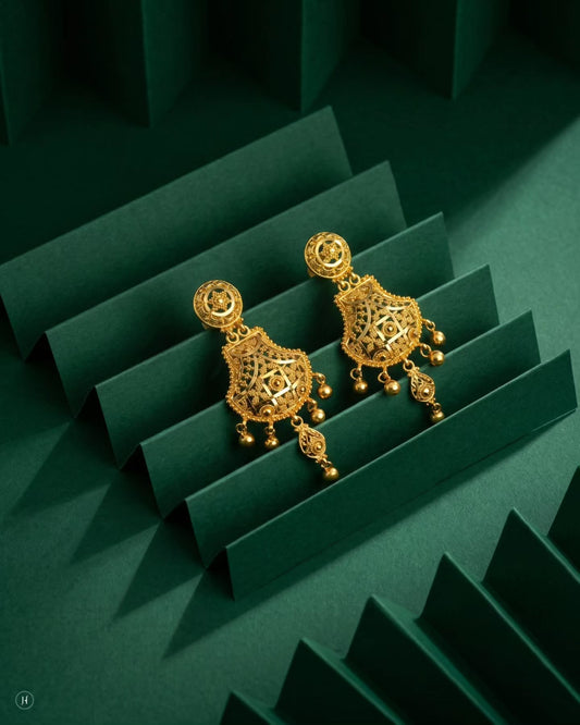 22K yellow gold Arabic filigree chandelier drop earrings with bead tassels, matching the bib collar necklace set, loved by Emirati and Khaleeji women, J.H. by Priyansh Jewellery, Dubai, UAE.
