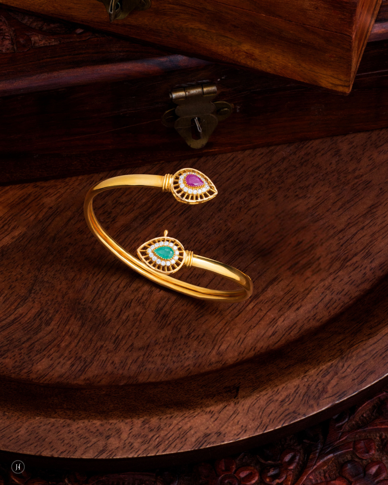 22Karat Yellow Gold Pakistani Ruby Emerald Open Bangle.