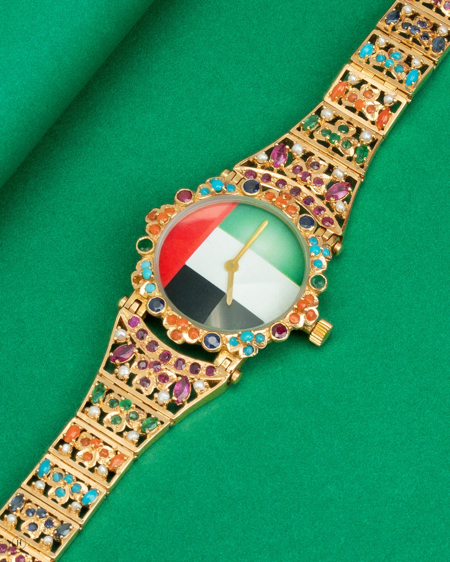 21Karat Gold Emirati Flag Multicolor Gemstone Dial Watch with Ornate Bracelet Design
