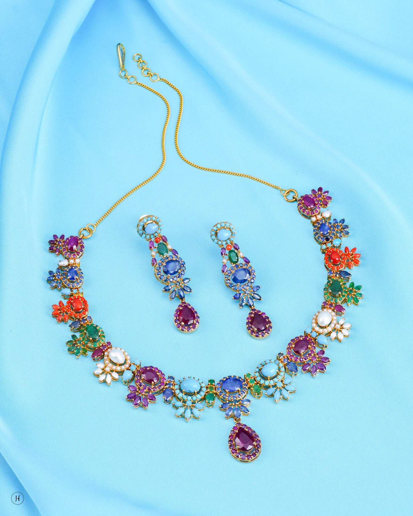 21K Yellow Gold Pakistani Multi-Flower Gemstone Necklace Set