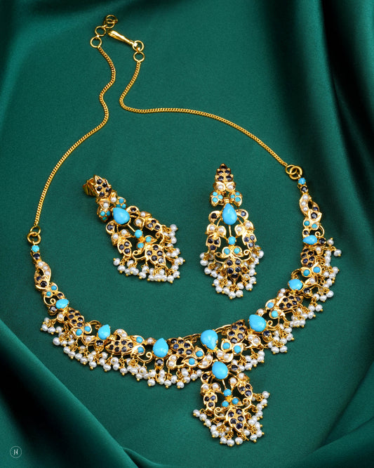21K Yellow Gold Pakistani Turquoise & Pearl Floral Necklace Set