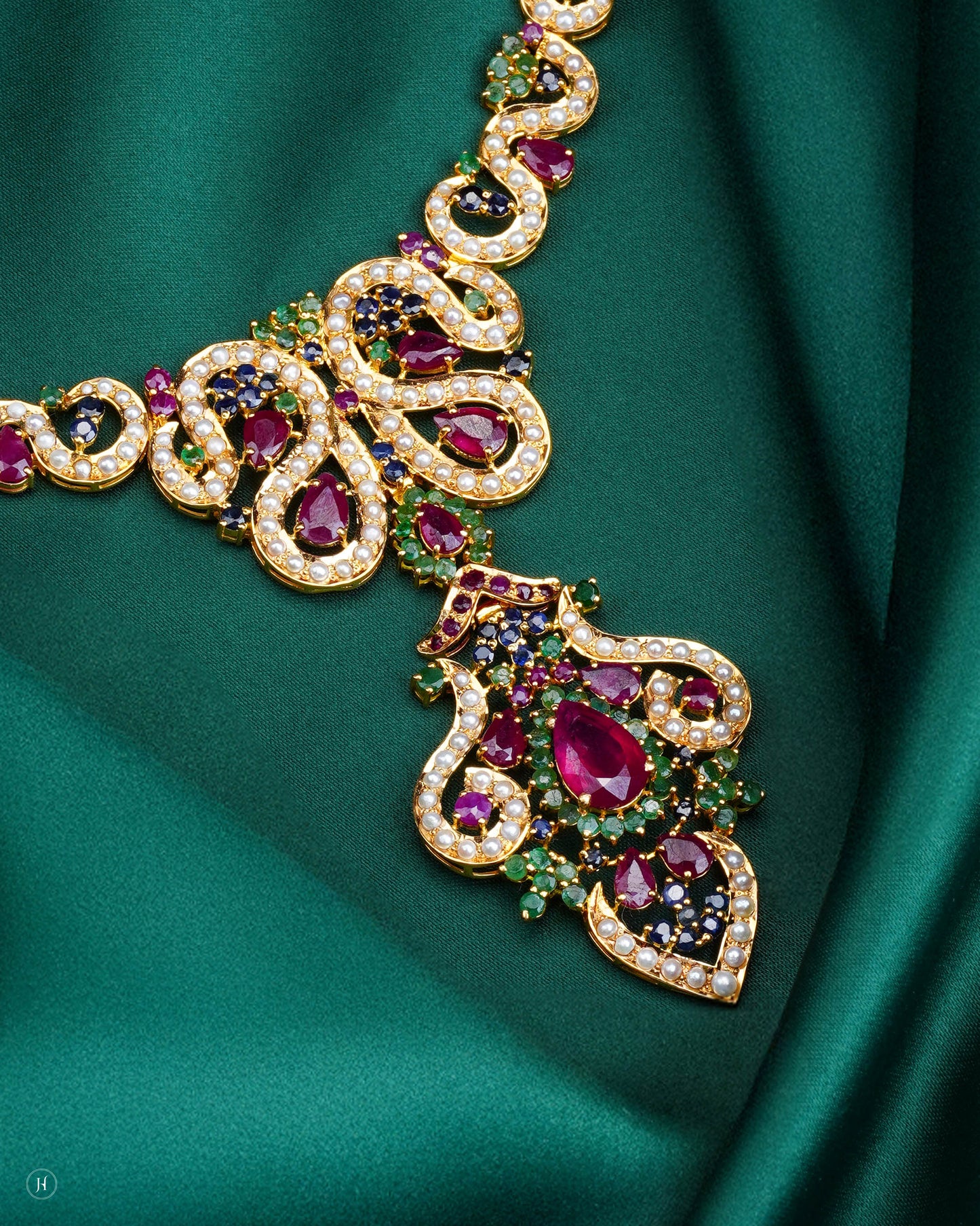 21K Yellow Gold Pakistani Ruby & Emerald Teardrop Bridal Necklace Set