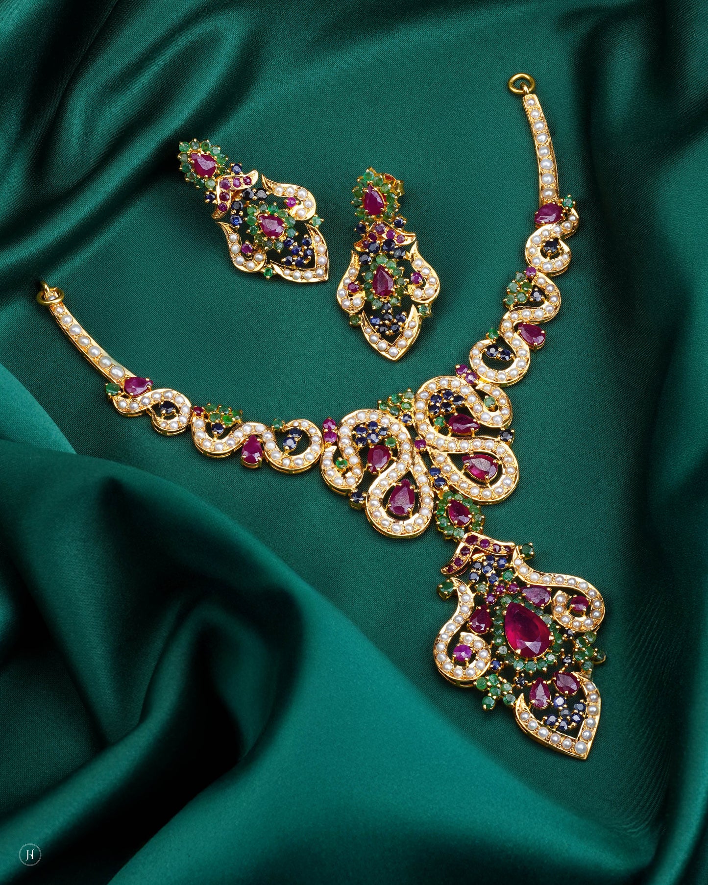 21K Yellow Gold Pakistani Ruby & Emerald Teardrop Bridal Necklace Set