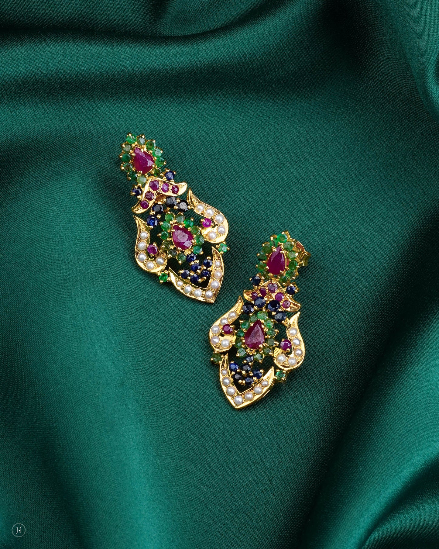 21K Yellow Gold Pakistani Ruby & Emerald Teardrop Bridal Necklace Set