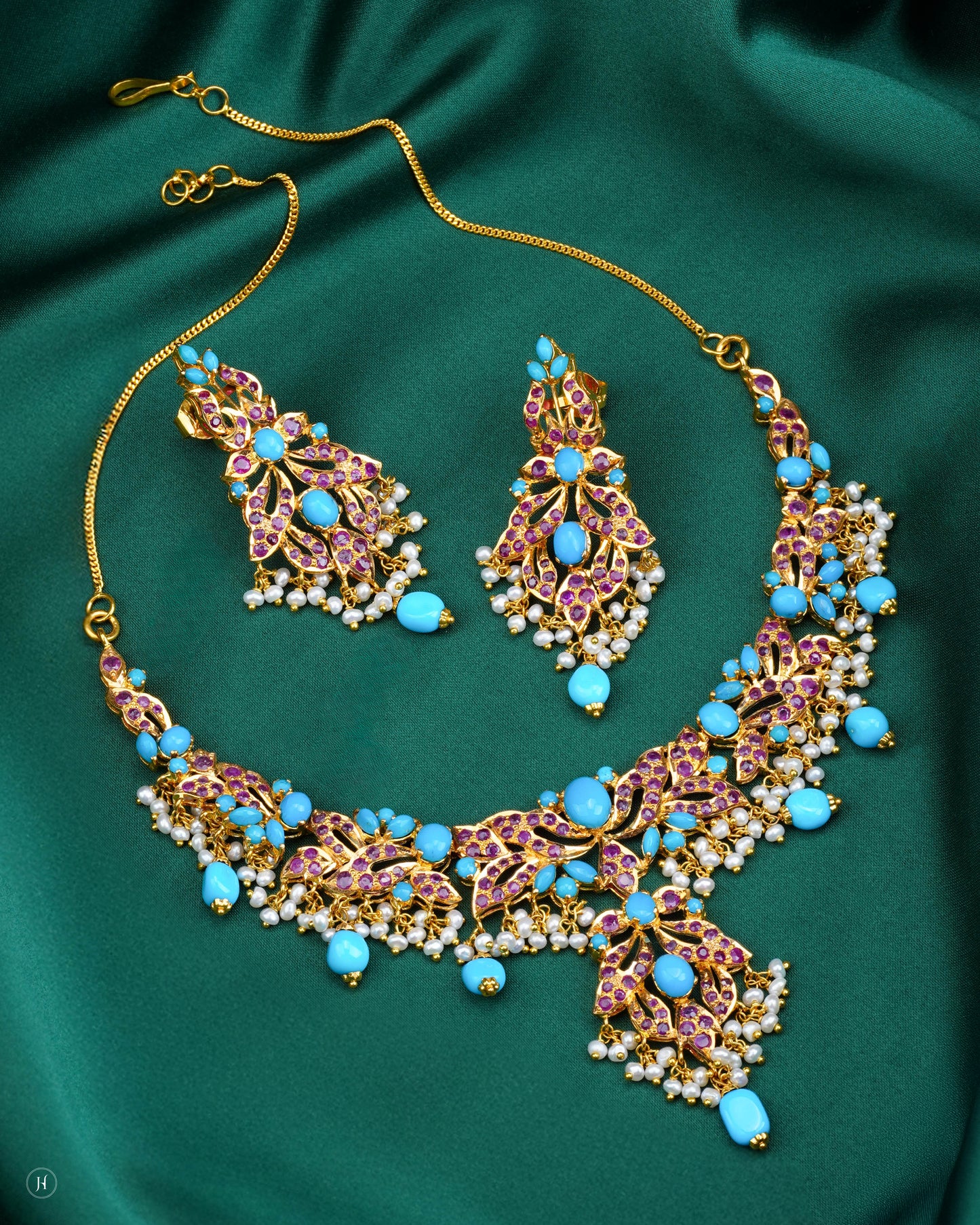 21K Yellow Gold Turquoise & Ruby Floral Pearl Drop Necklace Set