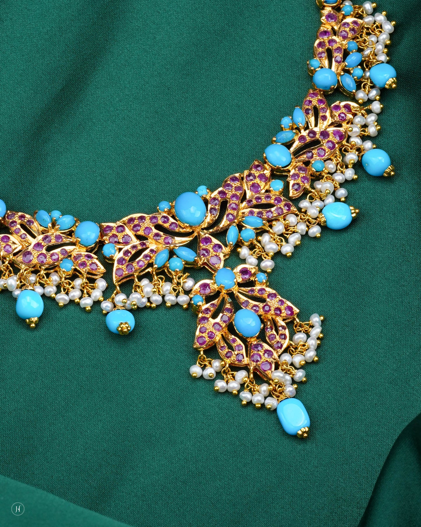 21K Yellow Gold Turquoise & Ruby Floral Pearl Drop Necklace Set