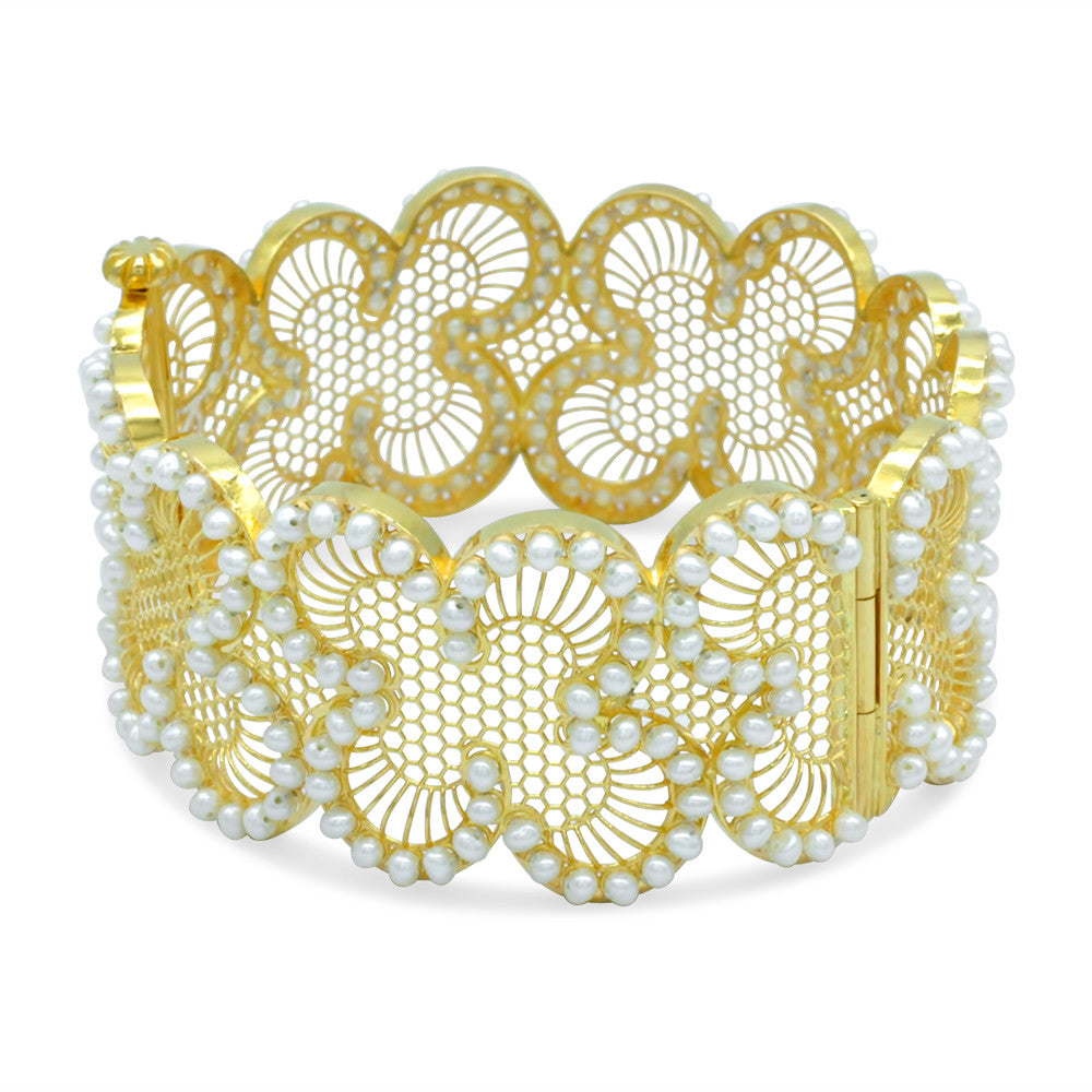 21K Yellow Gold Bahraini Floral Wide Cuff Pearl Bangle