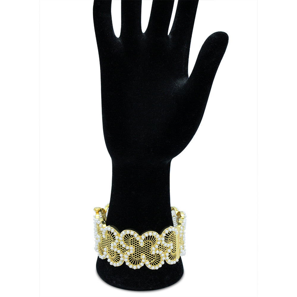 21K Yellow Gold Bahraini Floral Wide Cuff Pearl Bangle