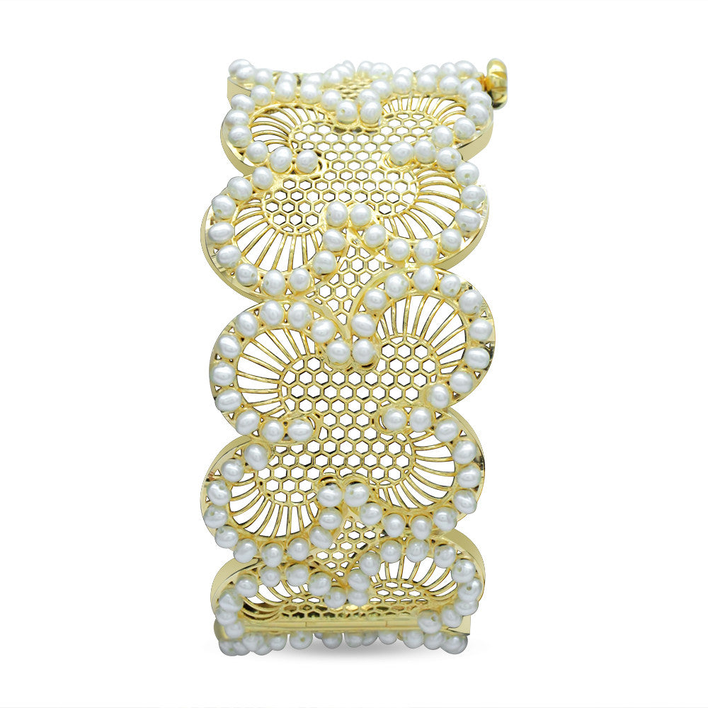 21K Yellow Gold Bahraini Floral Wide Cuff Pearl Bangle