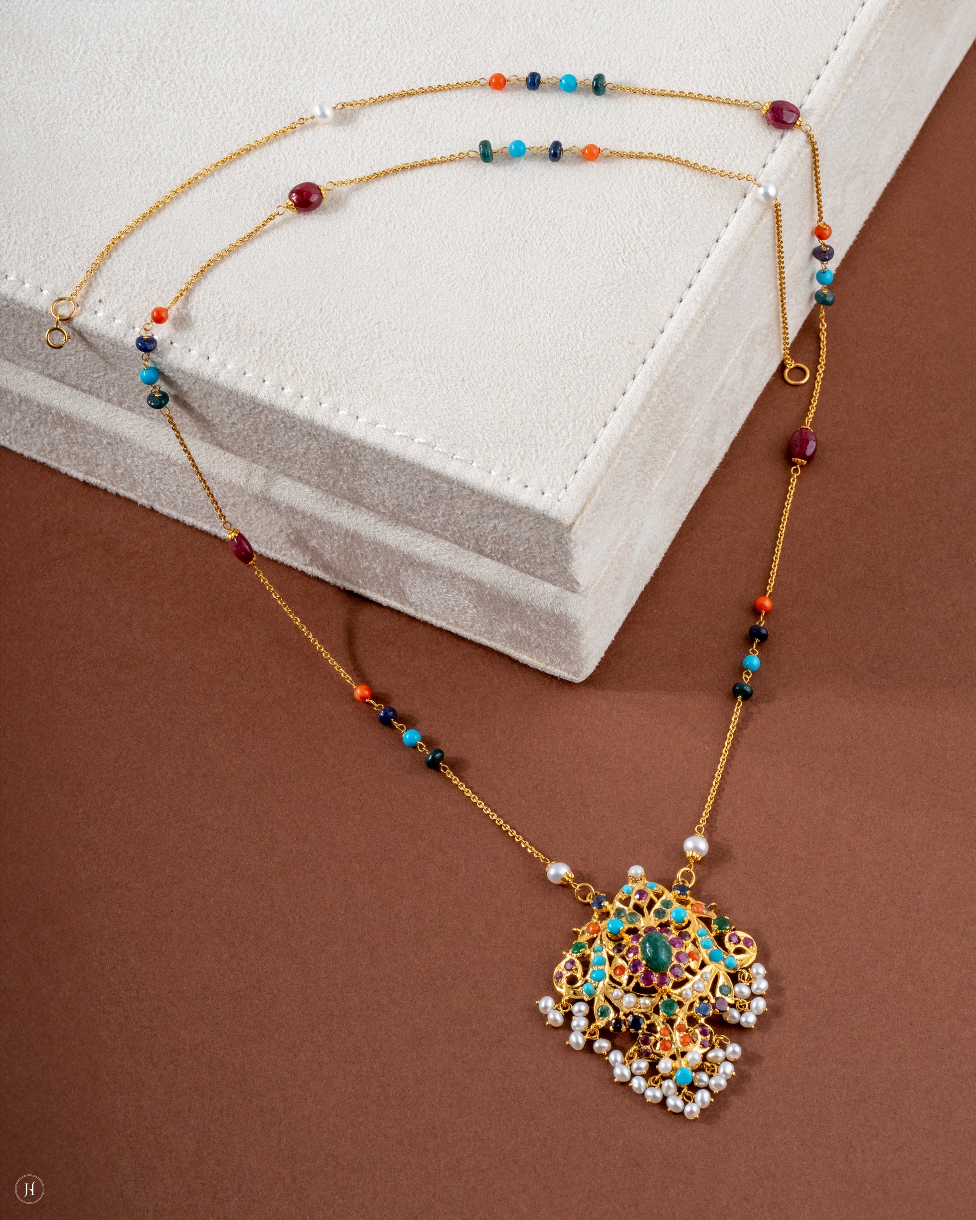 Buy Online 21K Yellow Gold Pakistani Floral Multi- Gemstone Bridal Necklace for  women in UAE