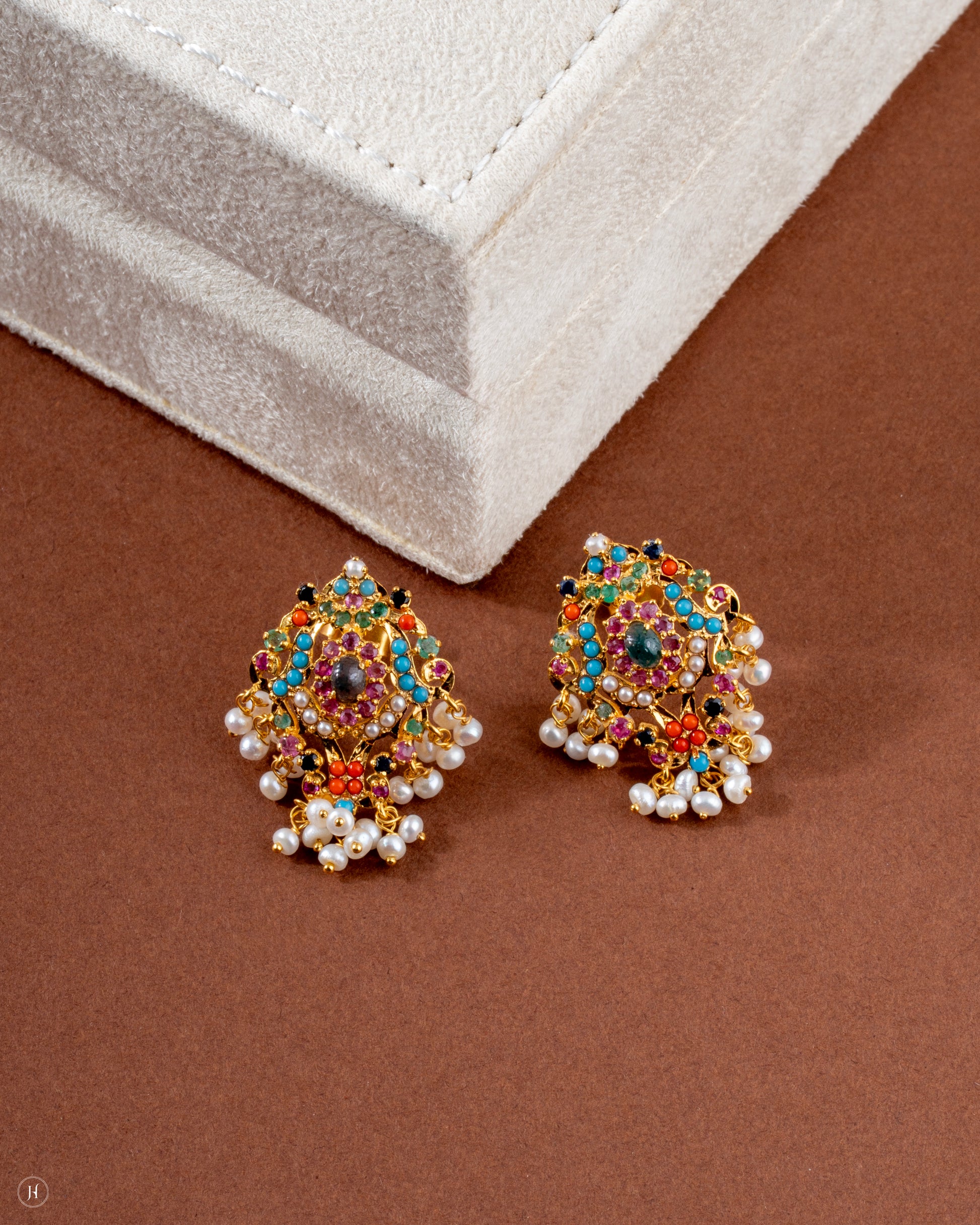 Buy Online 21K Yellow Gold Pakistani Floral Multi- Gemstone Bridal earrings for women in UAE