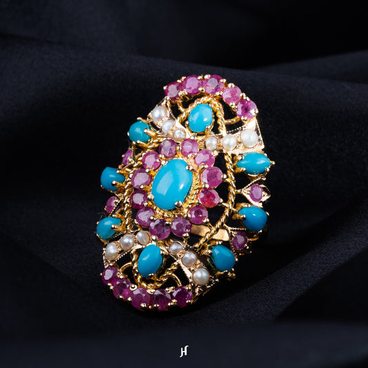 21K Pakistani Gold Ring with Fresh Water Pearls, Feroza and Precious Gemstones