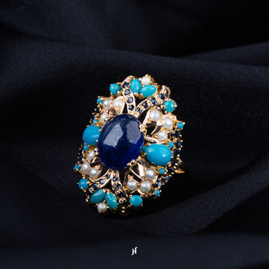 21K Yellow Gold Pakistani Ring with Fresh Water Pearls, Blue Sapphire & Aqua Marine Feroza