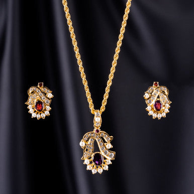 22K Yellow Gold Pakistani Ruby & Fresh Water Pearl Necklace Set