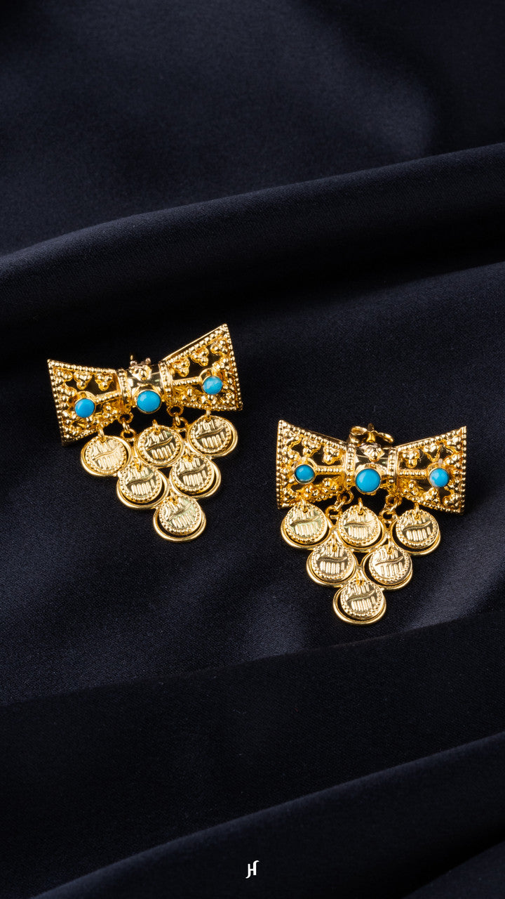21K Yellow Gold Bahraini Bow Coin Waterfall Chandelier Earrings